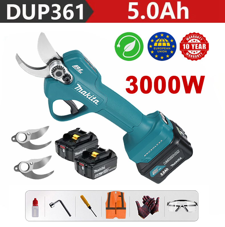 Makita DUP361PT2 Gartenschere + LED-Leistungsanzeige – (6 Stunden Akkulaufzeit) 3000 W bürstenloser Motor, Lithium-Akku-Schere + 36 V 5,0 Ah Akku * 2 + Ladegerät + SK9-Legierungsklinge * 2 + Werkzeugkasten + Schmiermittel + Schutzbrille + 10 Jahre Garantie