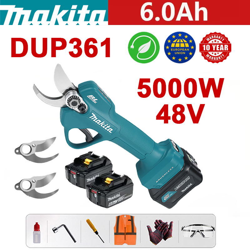 Makita DUP361PT2 Gartenschere + Akkuanzeige – (12 Stunden Akkulaufzeit) 5000 W bürstenloser Motor Lithium-Akku-Schere + 48 V 6,0 Ah Akku * 2 + Ladegerät + SK9 Legierungsklinge * 3 + Werkzeugkasten + Schmiermittel + Schutzbrille+10 Jahre Garantie